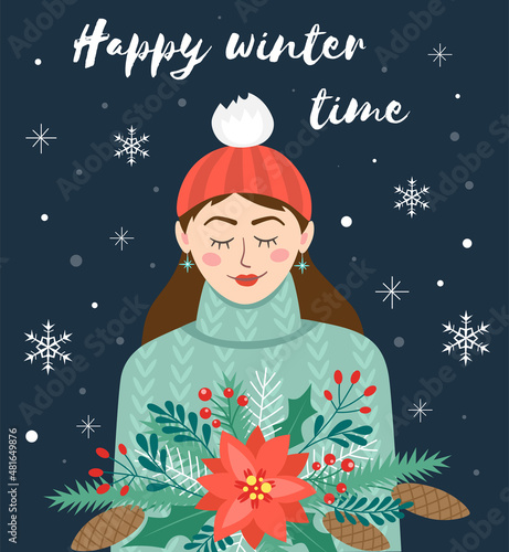 Girl in warm clothing with evergreen flowers