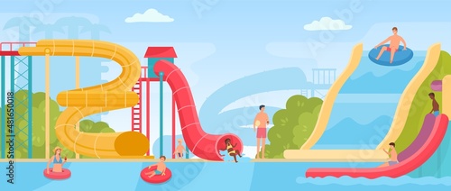 Flat summer aquapark landscape with parents and kids on water slides. Amusement swimming park with pool, spiral pipe and tube vector poster