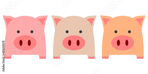 Three pink brown and orange fat cute pig or piglet on white background cartoon character flat vector design.