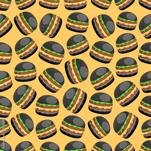 Black burger will surprise you with color and taste, vector seamless pattern illustration on colored background
