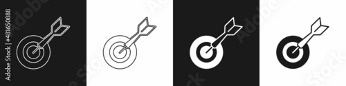 Set Classic dart board and arrow icon isolated on black and white background. Dartboard sign. Game concept. Vector