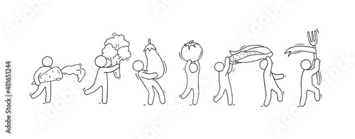 Happy people walking with fresh fruits.