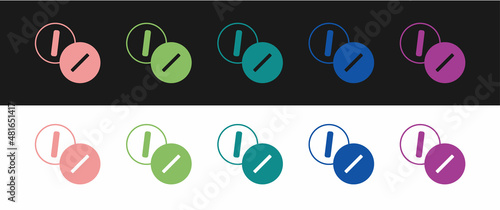 Set Toothache painkiller tablet icon isolated on black and white background. Tooth care medicine. Capsule pill and drug. Pharmacy design. Vector