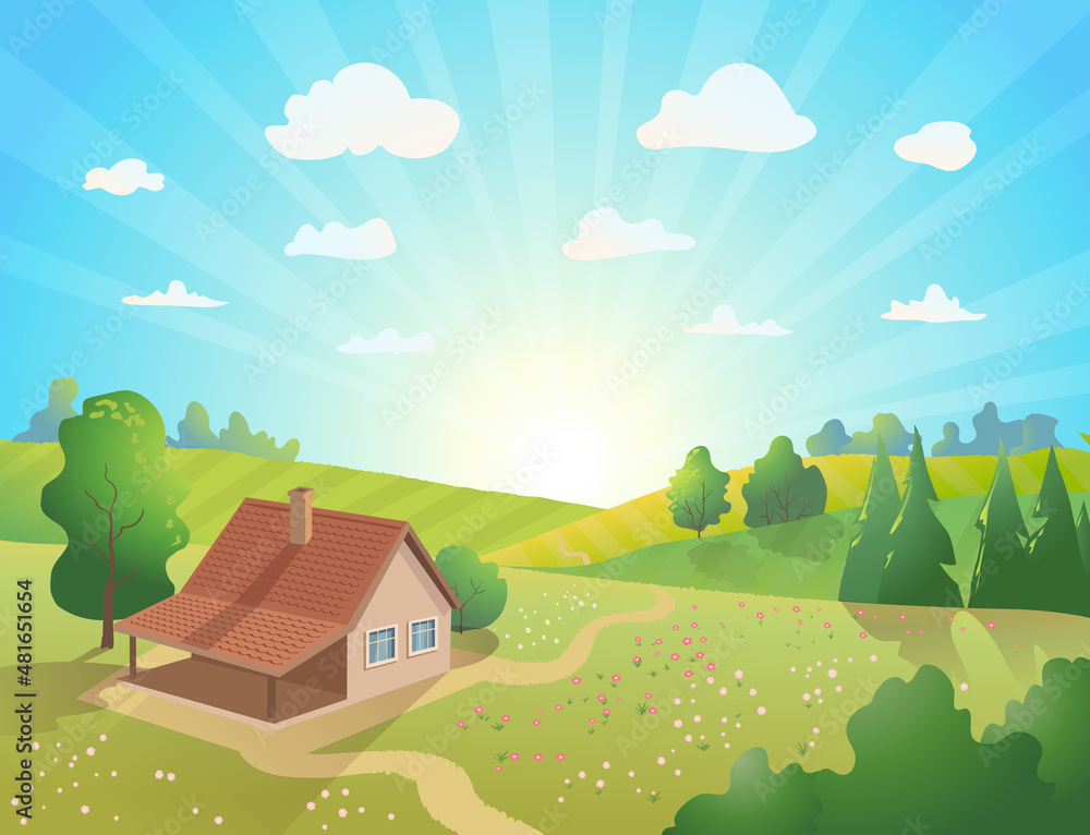 Sunrise rural landscape with sun, clouds,hills, trees, paths, little house. Vector illustration
