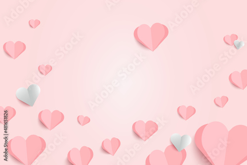 Folded paper elements in heart shape flying for Valentine's day. Symbols of love for Happy holiday greeting card design concept.