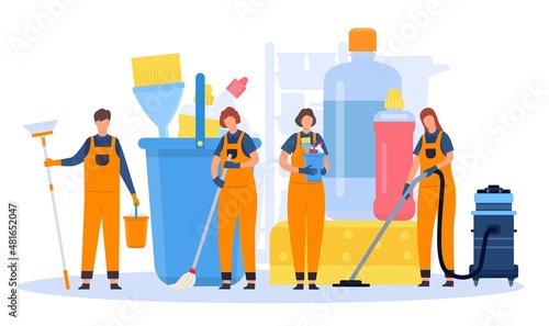 Professional cleaning service team with equipment and tools. Flat men and women cleaners in uniforms with vacuums and brooms vector concept