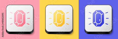 Isometric Diamond icon isolated on pink, yellow and blue background. Jewelry symbol. Gem stone. Square button. Vector