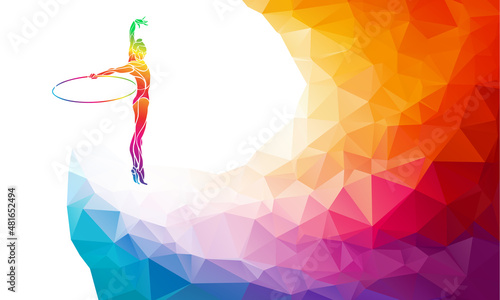 Silhouette of gymnastic girl with hoop on rainbow back