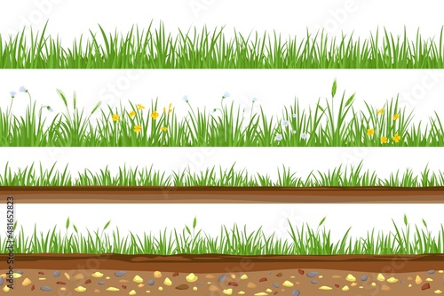 Grass with underground soil layer and rocks seamless borders. Meadow field with flowers and ears. Ground dirt, land cross section vector set