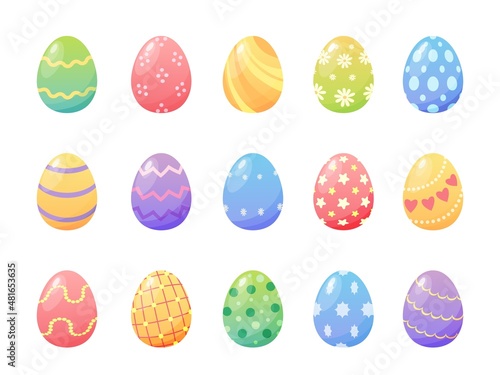 Cartoon colorful easter painted eggs with patterns and textures. Spring holiday decorative elements. Happy Easter day egg hunt vector set