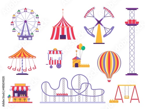 Billede på lærred Flat amusement park roller coaster, circus tent and hot air balloon