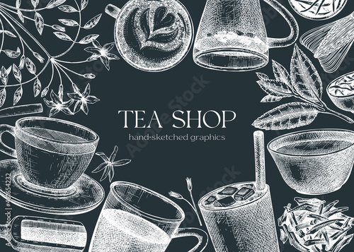 Hand sketched tea drinks and ingredients banner. Vintage teacups, glasses, leaves, flowers hand drawings background. Tea beverages design on chalkboard. Perfect for recipe, menu, label, packaging.