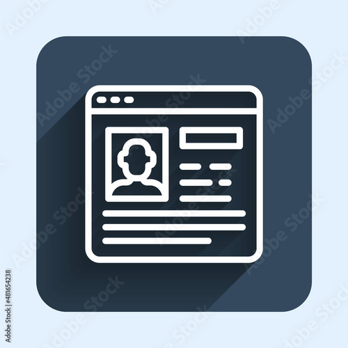 White line Resume icon isolated with long shadow background. CV application. Searching professional staff. Analyzing personnel resume. Blue square button. Vector