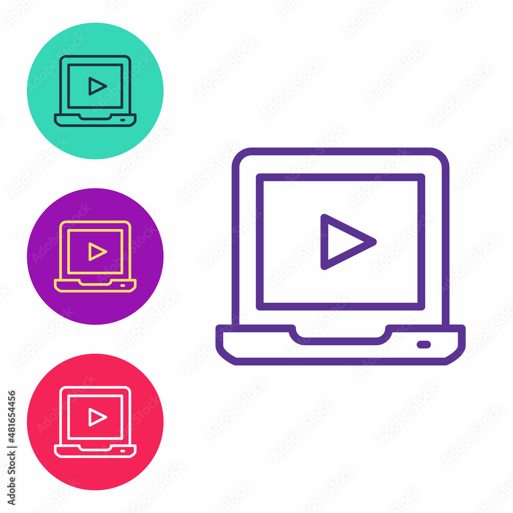 Set line Online play video icon isolated on white background. Laptop and film strip with play sign. Set icons colorful. Vector Set line Online play video icon isolated on white background. Laptop and film strip with play sign. Set icons colorful. Vector