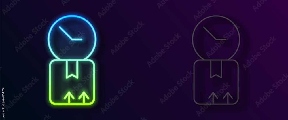Glowing neon line Carton cardboard box and fast time delivery icon isolated on black background. Box, package, parcel sign. Delivery and packaging. Vector Glowing neon line Carton cardboard box and fast time delivery icon isolated on black background. Box, package, parcel sign. Delivery and packaging. Vector