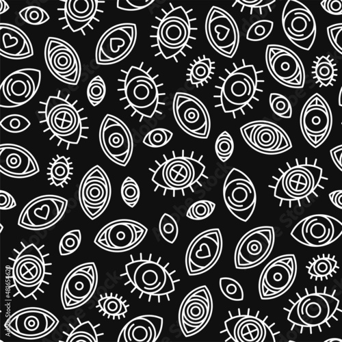 Eyes Seamless Pattern on Black Background. Vector