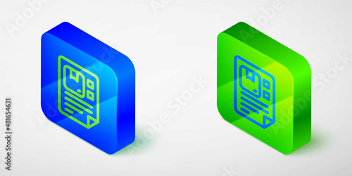 Isometric line Waybill icon isolated grey background. Blue and green square button. Vector