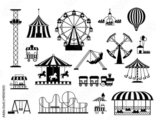 Fototapeta Naklejka Na Ścianę i Meble -  Fun amusement carnival park attractions and carousels black silhouettes. Funfair circus tent, swings, train and hot air balloon vector set