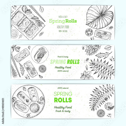Vietnamese food banner collection. Asian food menu design template. Spring rolls and ingredients for spring rolls vector illustration. Vintage hand drawn sketch vector illustration. Engraved image.