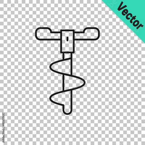 Black line Hand ice drill for winter fishing icon isolated on transparent background. Vector