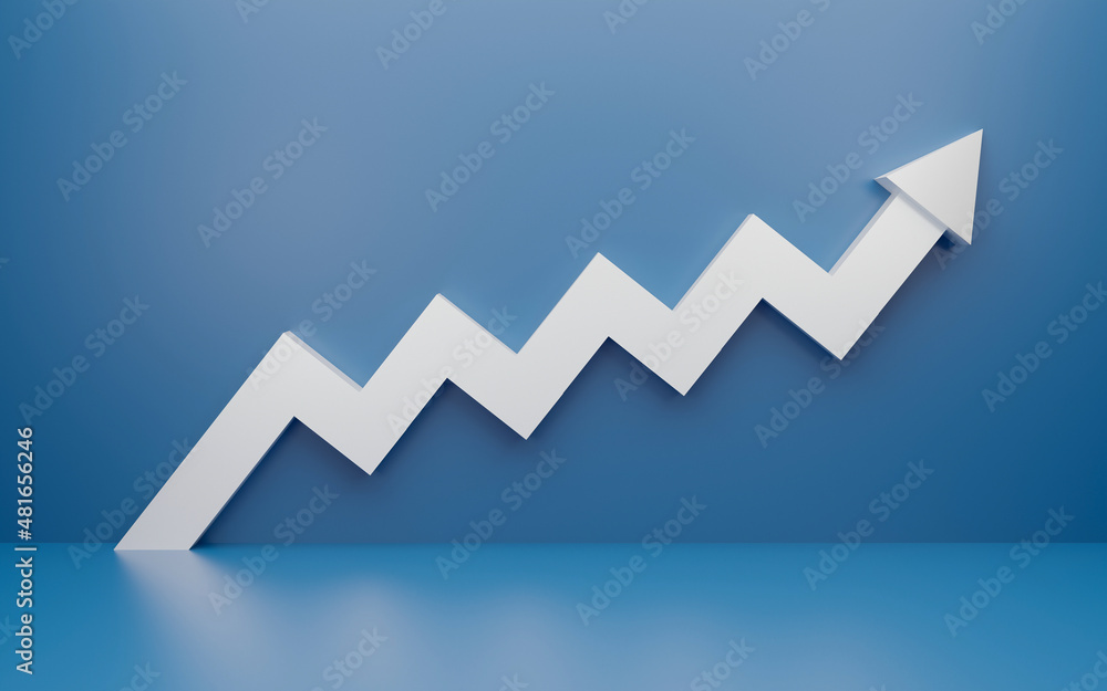 3D white arrow on isolated blue background. Minimal concept trading cryptocurrency, Market investment trading, exchange, 3D rendering, isolated, financial, index, forex.
