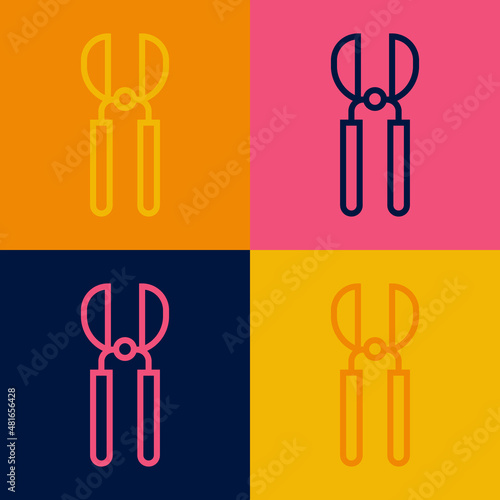 Pop art line Gardening handmade scissors for trimming icon isolated on color background. Pruning shears with wooden handles. Vector