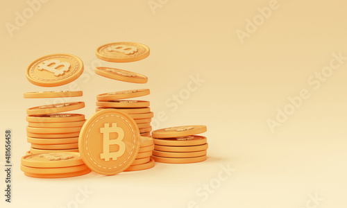 3D Bitcoin cryptocurrency gold Coins Stack isolated on pink background. crypto currency investing concept. DeFi staking tokens.	
