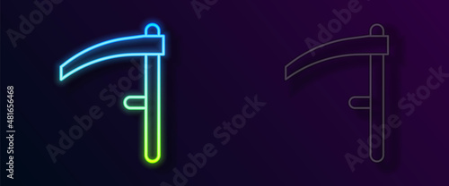 Glowing neon line Scythe icon isolated on black background. Happy Halloween party. Vector