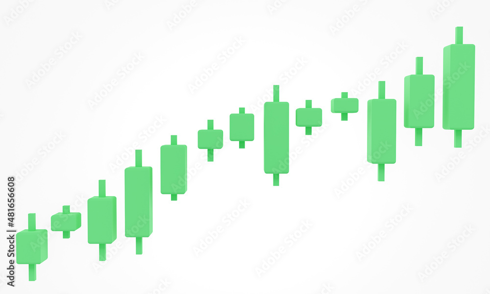 3D Bullish Candlestick graph chart of stock, Minimal concept trading cryptocurrency, Market investment trading, exchange, rendering, candle, stick, trade, simple, isometric, financial, index, forex.