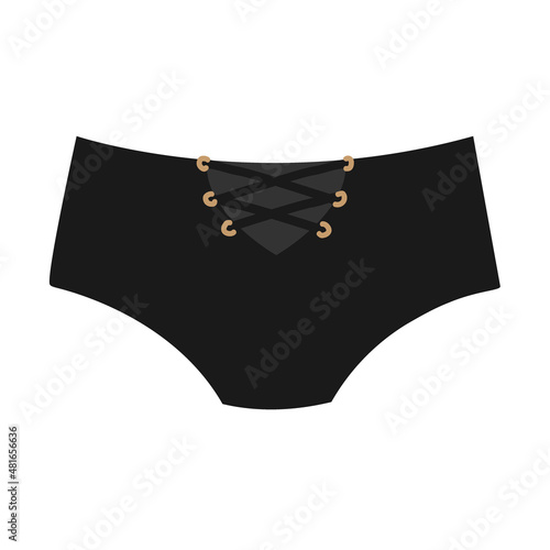 Cute black female panties with laces. Trendy thongs icon. Women underwear element. Feminine symbol, sensuality cloth concept. Vector illustration