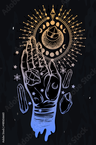 Vector illustration, magical astrology and crystals, mystical symbols in the hand , print, background  chalkboard, Handmade