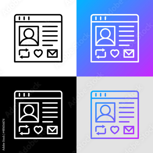 Social network thin line icon. Modern vector illustration of personal web page with repost sign, heart, message.