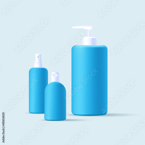 Set of three different 3d blue bottels of spray, dispenser and small container for soap or antiseptic photo