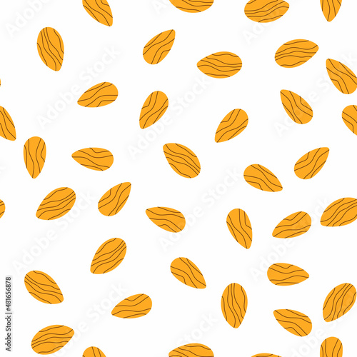 Seamless pattern with ripe raw tasty almond in cartoon hand drawn style on white background for textile, web design, packaging