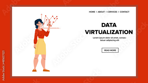 Data virtualization virtual technology. digital network. big cloud. web analysis character web flat cartoon illustration