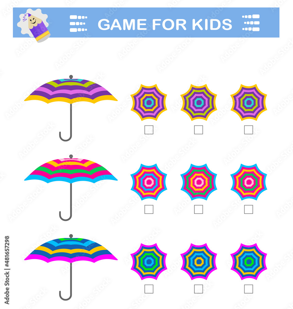 Logical puzzle game. Attention tasks for children. Need to find correct top view of umbrellas. IQ training test