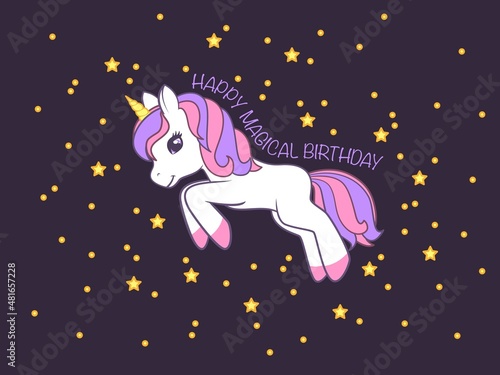 Birthday card with cute unicorn. Vector illustration