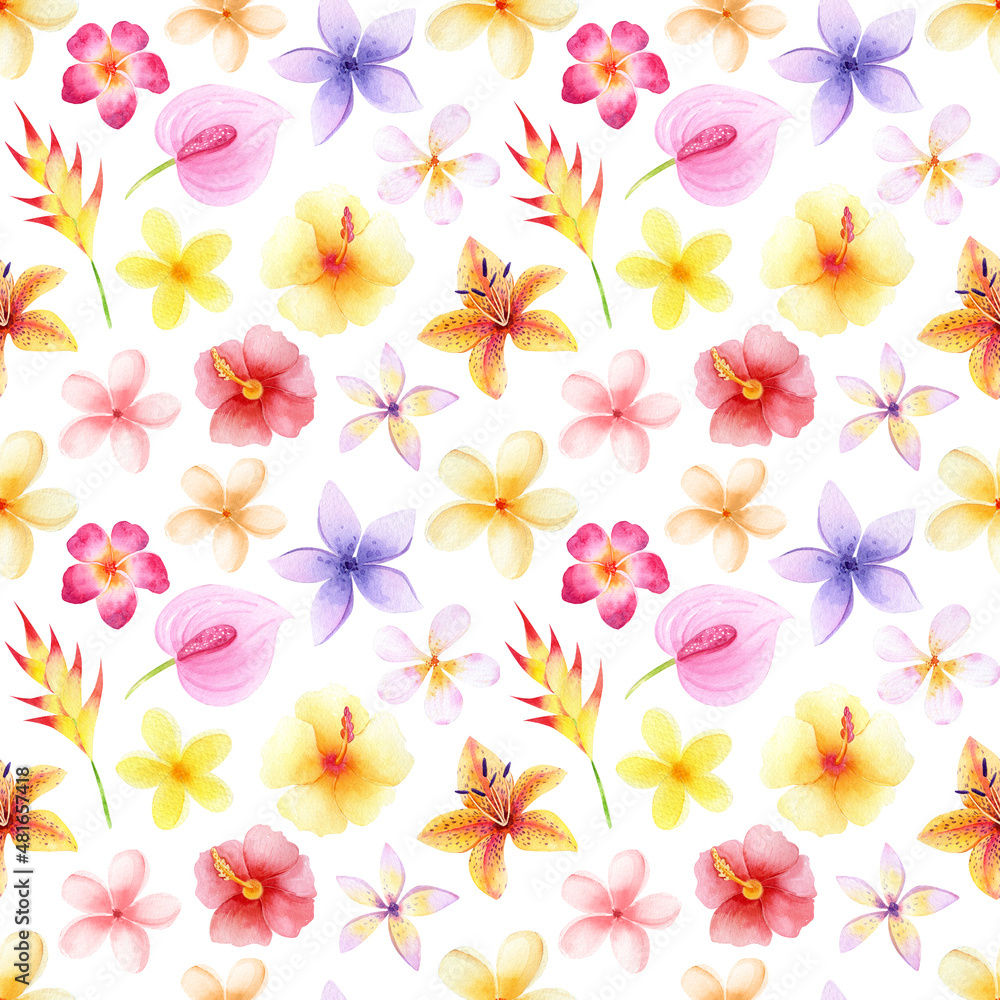 Watercolor Seamless pattern with tropical flowers. Cute jungle background. Hawaii floral isolated on white background. Tropical flowers and leaves illustration.