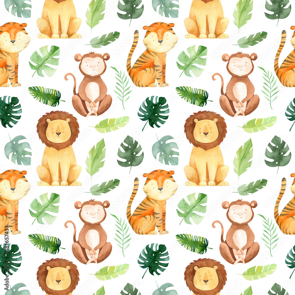 Fototapeta premium Watercolor Seamless pattern with jungle animals. Cute africa baby animals background. Lion, tiger and monkey isolated on white background. Tropical flowers and leaves illustration. Hawaii pattern 