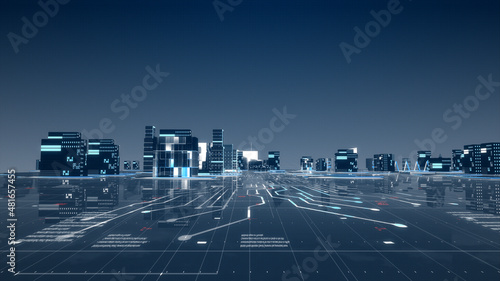 Panorama view of Metaverse, Futuristic city neon light with power energy tron light background. Digital technology Concept Background.  Cityscape Futuristic 3D render.