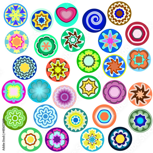 Millefiori - colorful glass beads. Abstract mosaic pattern - objects isolated on a white background. Vector set for design.
