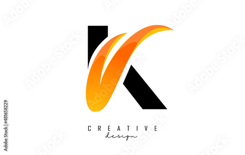 Vector illustration of abstract letter K with fire flames and Orange Swoosh design. Letter K logo with creative cut and shape.