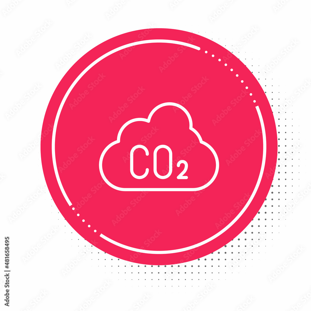 White line CO2 emissions in cloud icon isolated on white background. Carbon dioxide formula, smog pollution concept, environment concept. Red circle button. Vector White line CO2 emissions in cloud icon isolated on white background. Carbon dioxide formula, smog pollution concept, environment concept. Red circle button. Vector