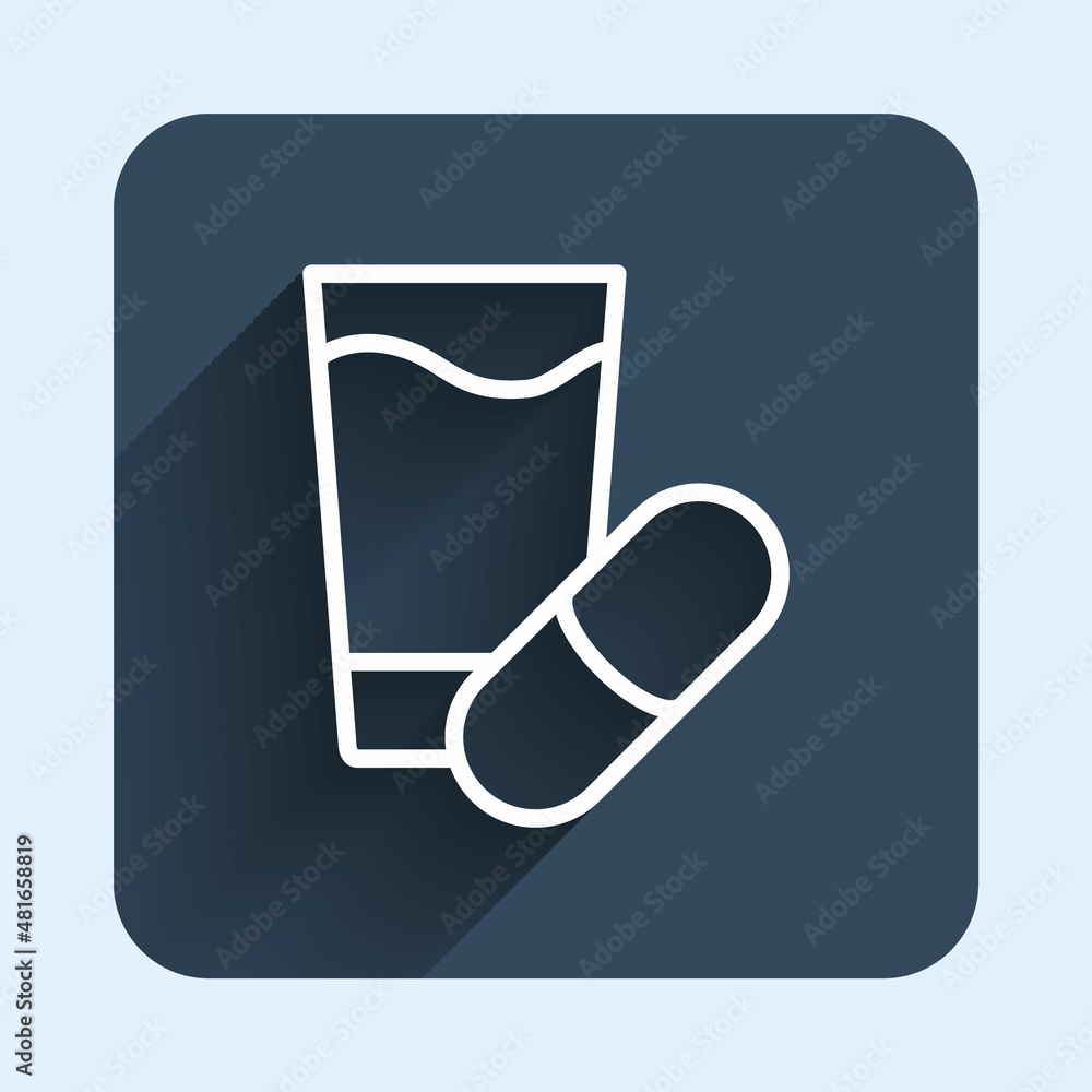 White line Sleeping pill icon isolated with long shadow background. Blue square button. Vector White line Sleeping pill icon isolated with long shadow background. Blue square button. Vector