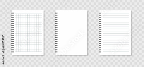 Realistic spiral notepads. Notebook sheets lined and squared. Blank sheets of paper for notes. Empty mock up pages of copybook. Vector illustration.
