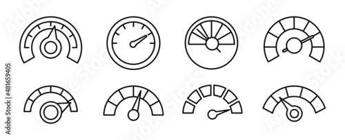 Speedometer linear icon set. Speedometer indicators with arrows. Dashboard, gauge, counter and tachometer. Scale from minimum to maximum. Speed signs. Vector illustration.