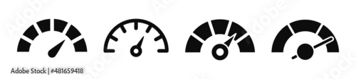 Speedometer icon set. Speedometer indicators with arrows. Dashboard, gauge, counter and tachometer. Scale from minimum to maximum. Speed signs. Vector illustration.