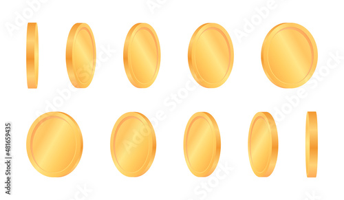 Rotating golden coin set. Empty 3d gold coins at different angles. Golden coins for animation. Falling money used for jackpot, casino, game awards and money win. Vector illustration.