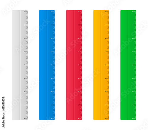 Set of colorful rulers with cm scale. School measuring ruler 20 centimeters. Plastic rulers for measurement. Measuring tool, school supplies. Vector illustration.
