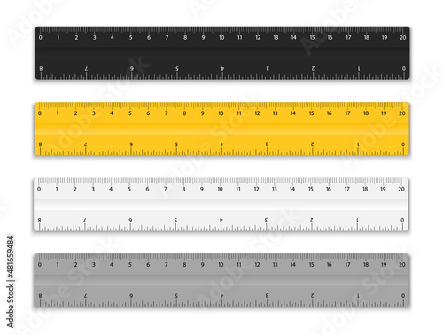 Set of rulers with inches and cm scale. School measuring ruler 20 centimeters. Plastic ruler with double side measurement. Measuring tool, school supplies. Vector illustration.